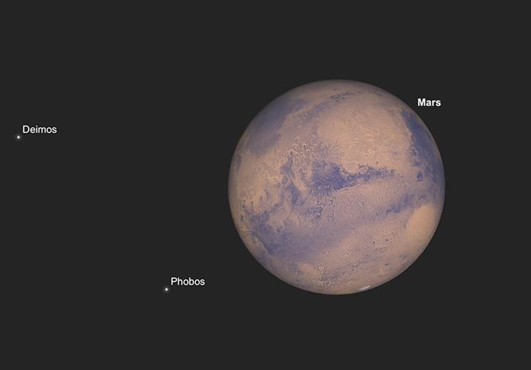 Mars, Phobos und Deimos, 11.30pm am 1. August.