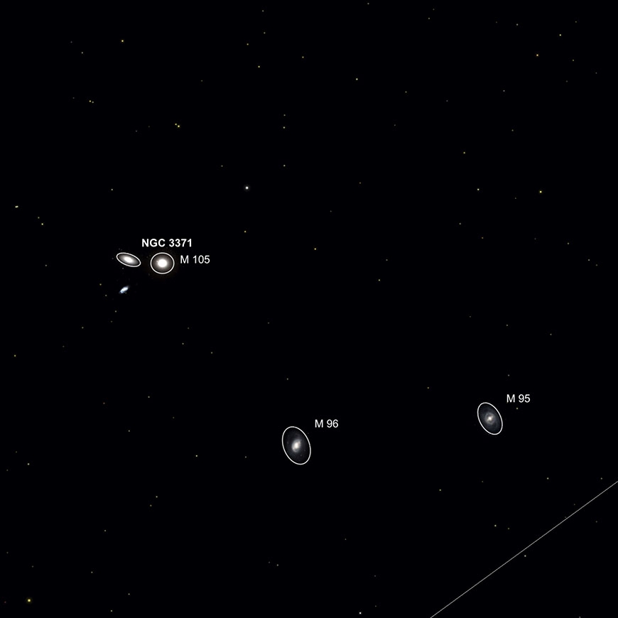 NGC 3771, 3373 and M105 field guide (north is up)
