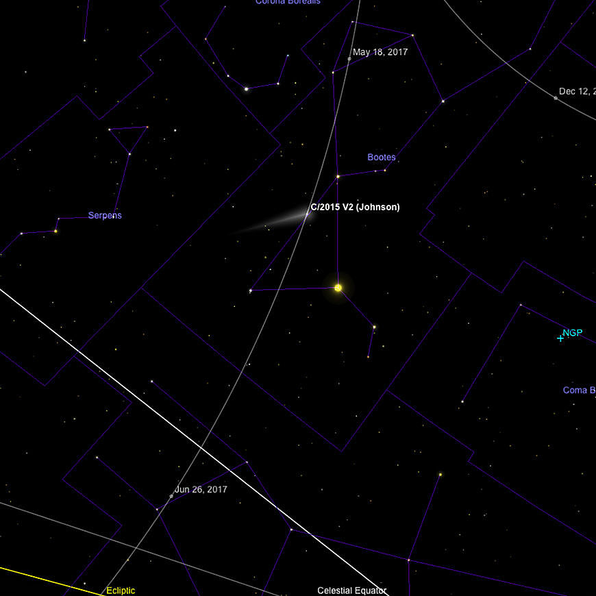 Komet C/2015 V2 Johnsons Bahn durch Bootes und Virgo